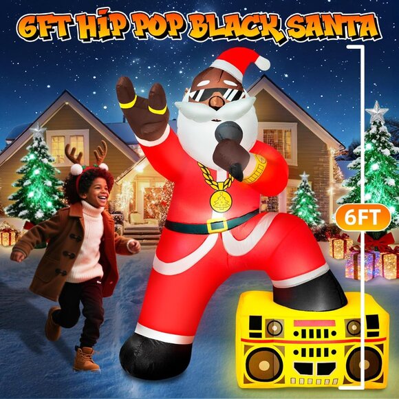 🆕6FT Christmas Inflatables Black Santa Claus Hip-pop Rapper Outdoor Decorations - Picture 5 of 10